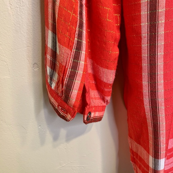 FP Checkered Pattern Lurex Metallic Threading Semi Sheer Jewel Tone Tunic Blouse - Picture 6 of 8